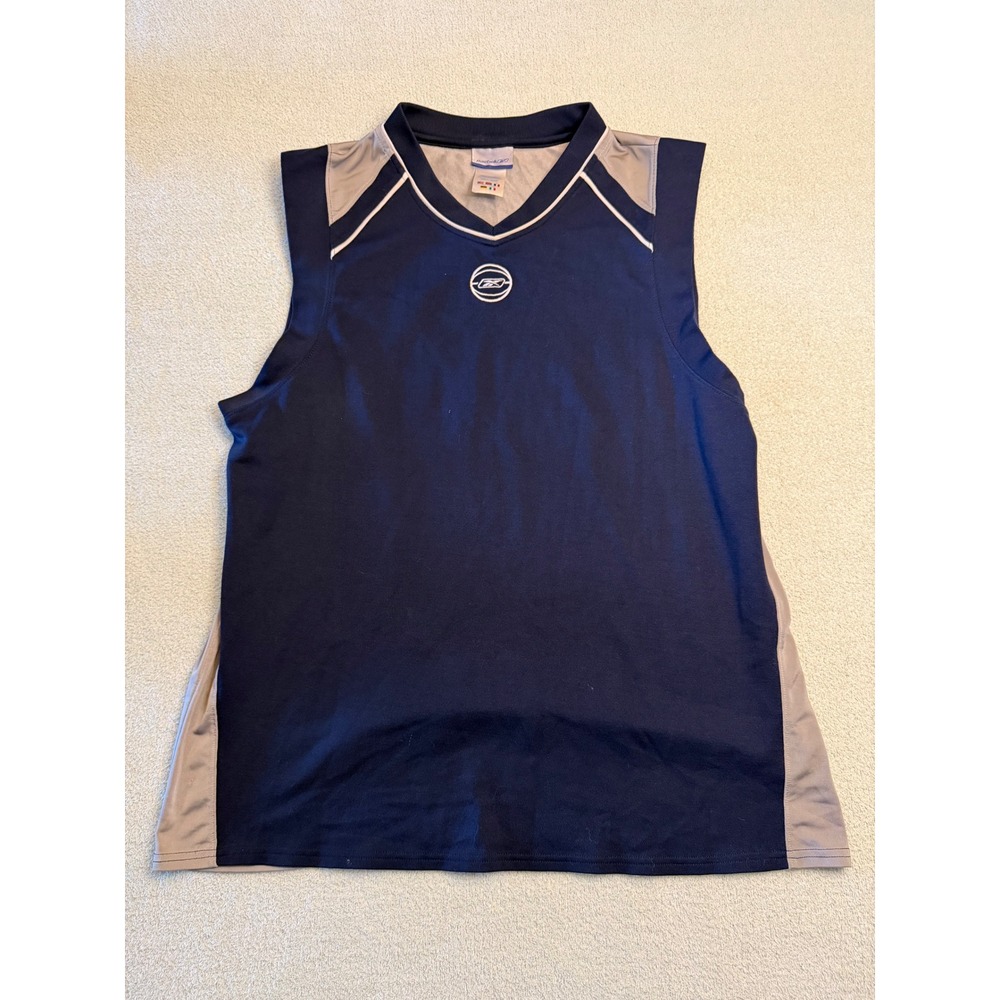 Vintage Reebok Mens Basketball Tank Top Navy Blue Grey Sleeveless V-Neck Shirt